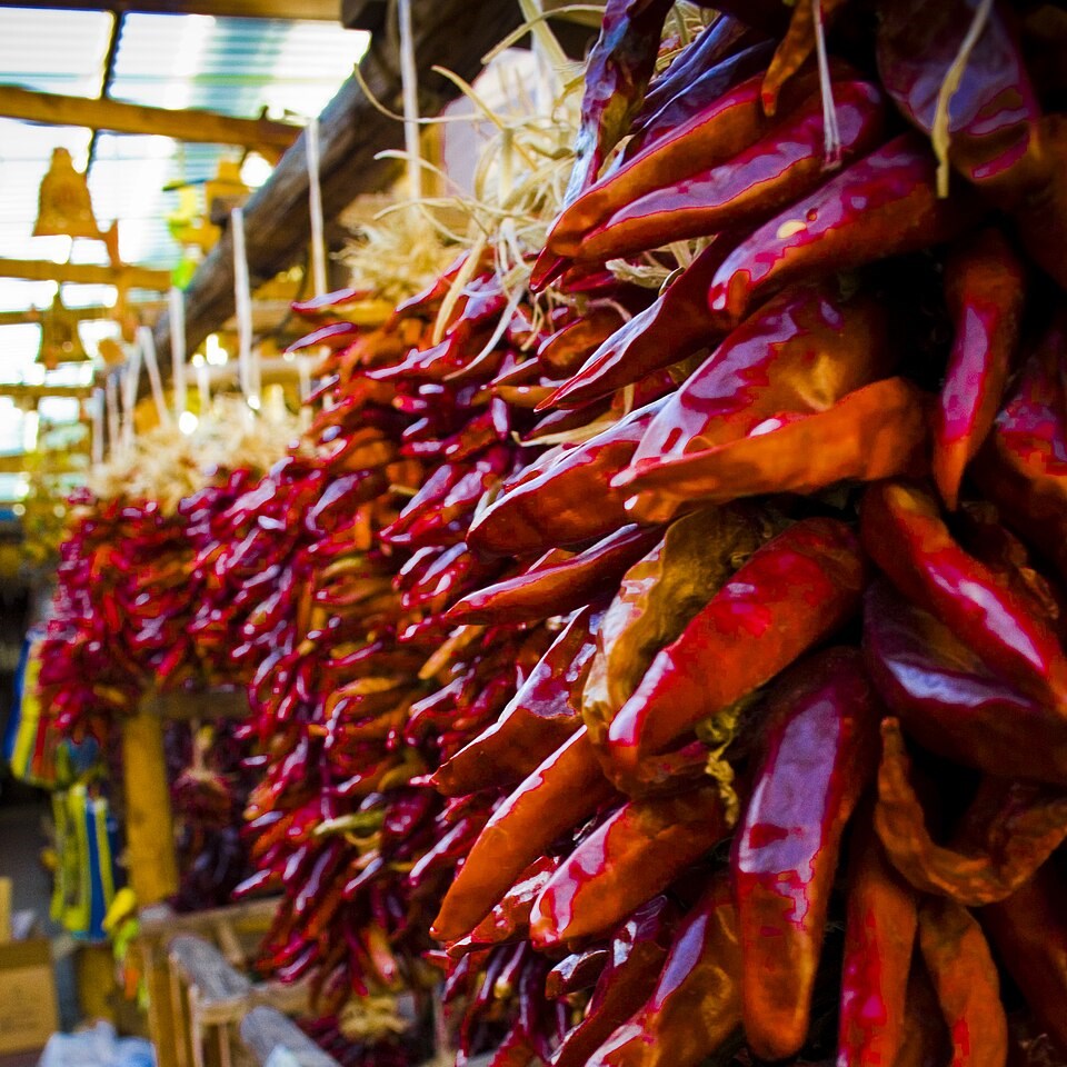 Red chile ristras hung to dry against an adobe wall