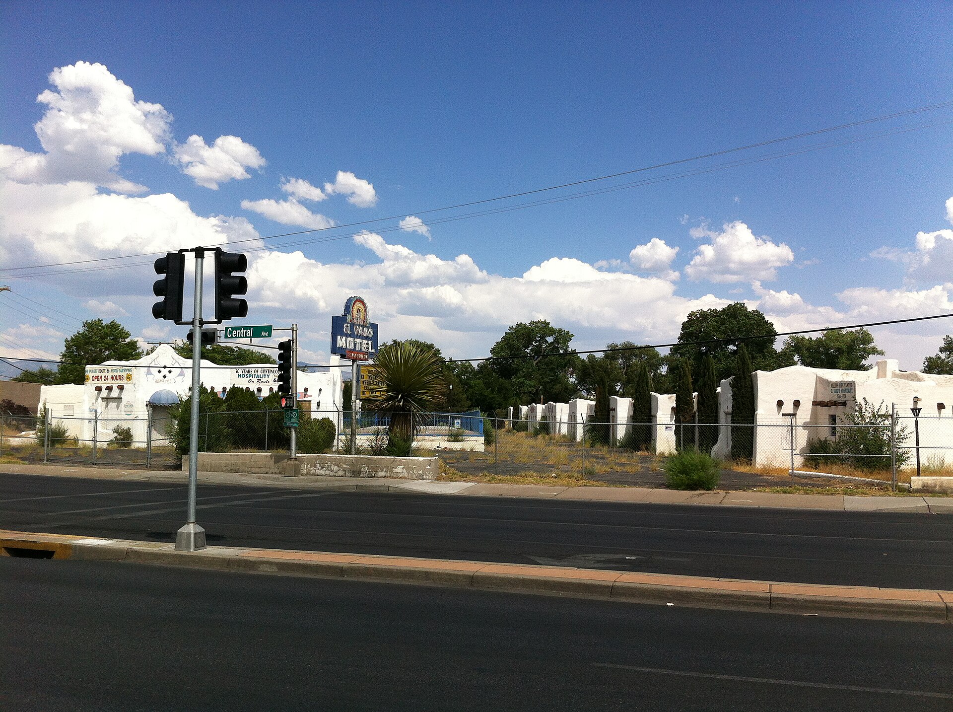 The El Vado Motel's Spanish Pueblo Revival frontage on Central Avenue