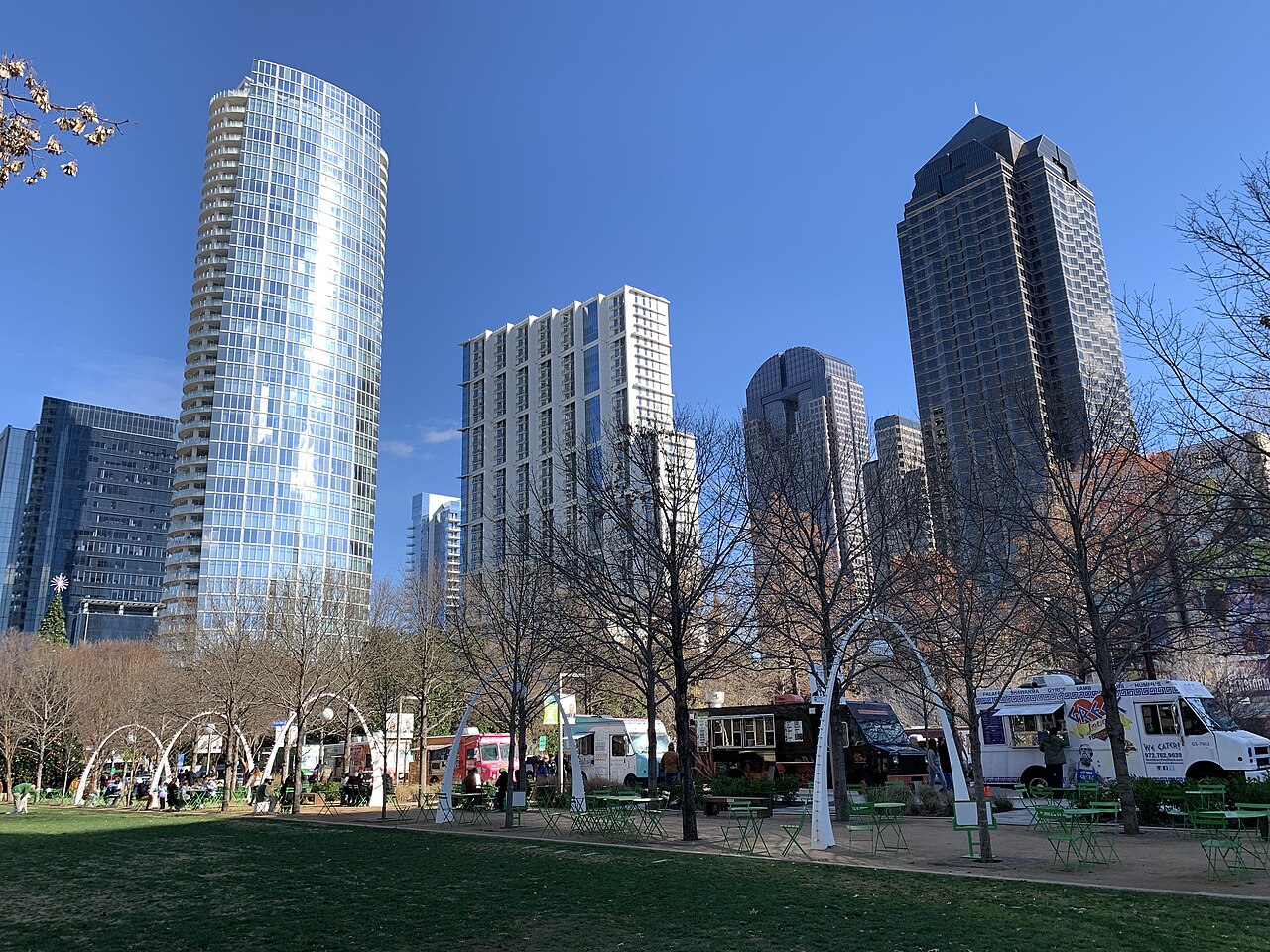 People enjoying the sunshine at Klyde Warren Park in downtown Dallas